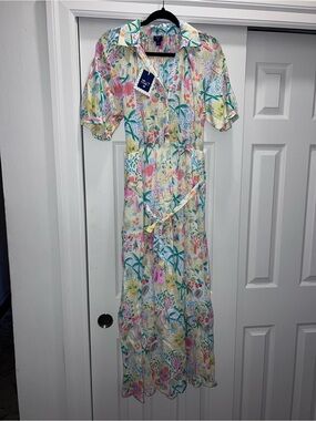 Pastel Multi Floral Button-Front Maxi Dress with Self-Tie Waist